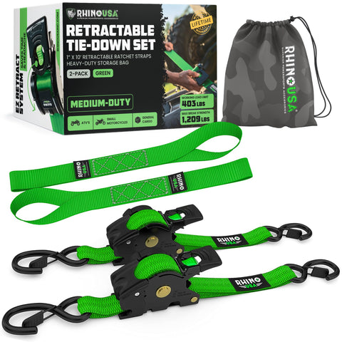 Rhino USA retractable ratchet straps secure cargo quickly for trucks and trailers.