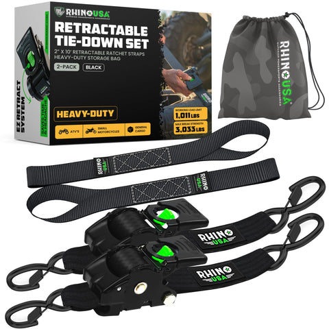 Rhino USA retractable ratchet straps 2-pack cover image shows ready-to-use cargo security