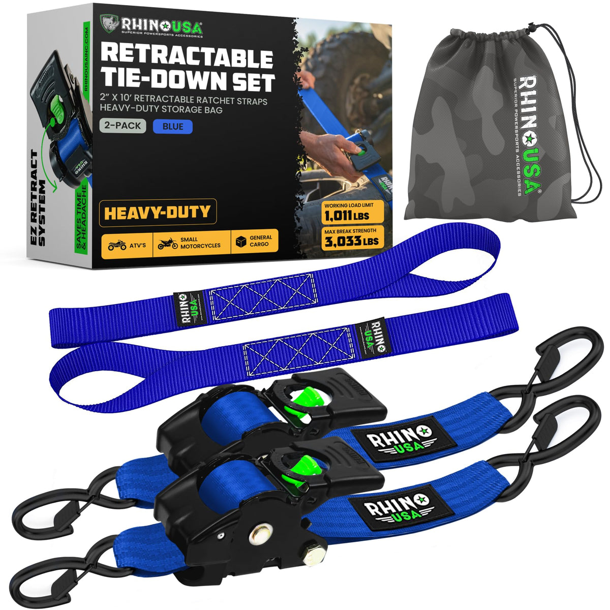 Rhino USA retractable ratchet strap with strap reel for quick, secure cargo tying.
