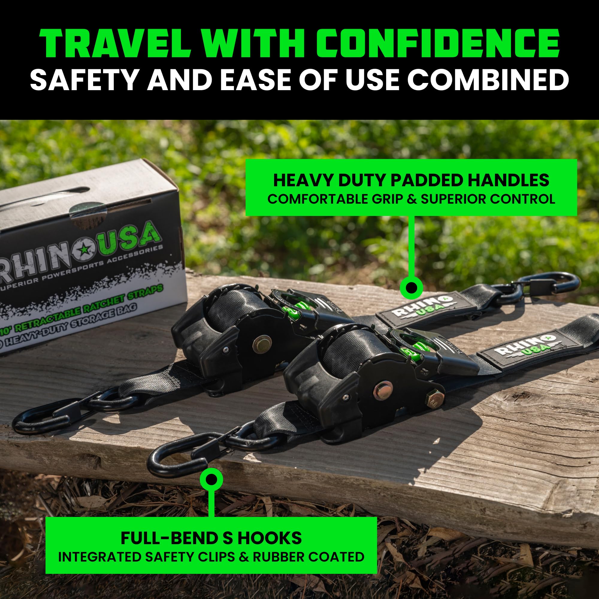 Rhino USA retractable ratchet straps 2-pack retracted for compact storage after use