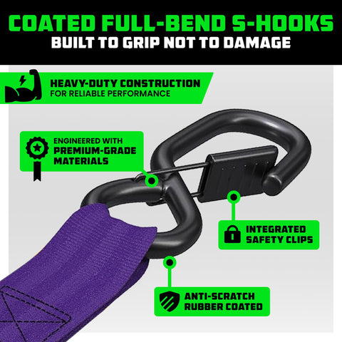Coated full-bend S-hooks prevent wear on vehicle anchor points.