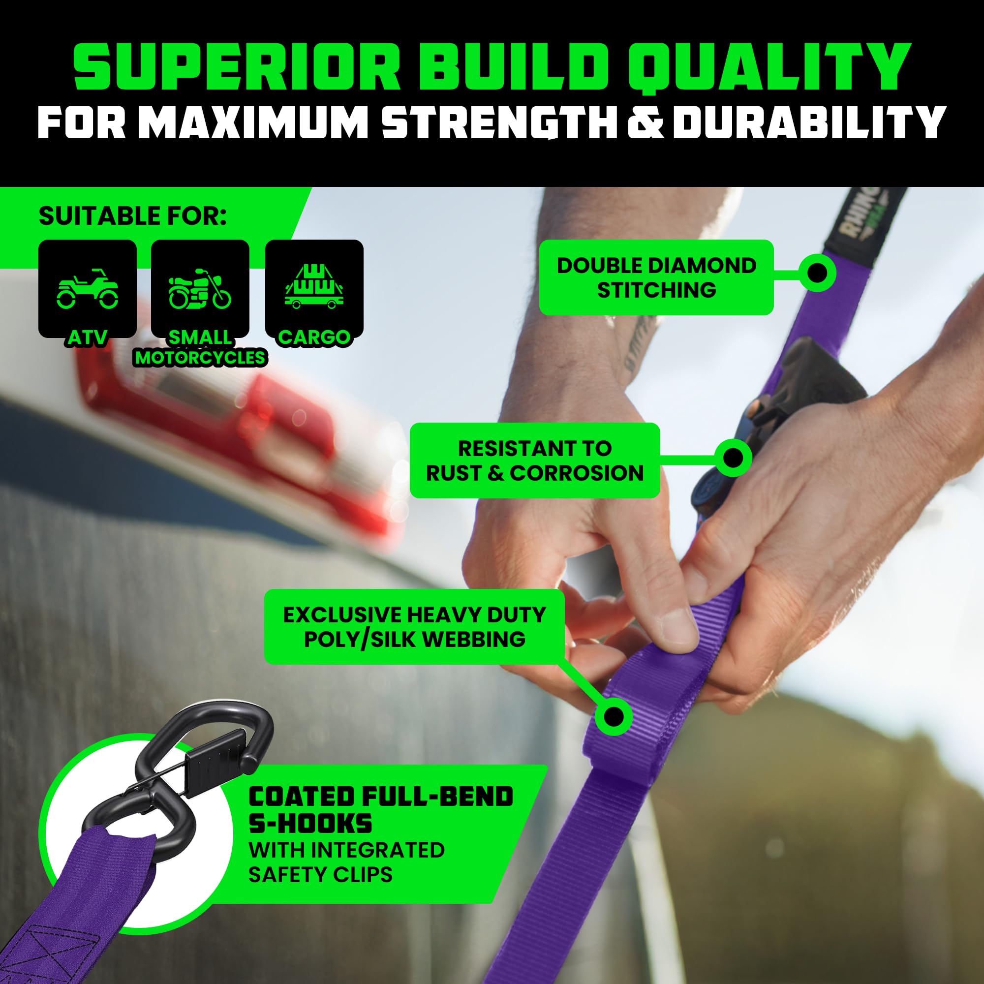 Electro-plated ratchet on Rhino USA strap ensures durable operation in tough conditions.