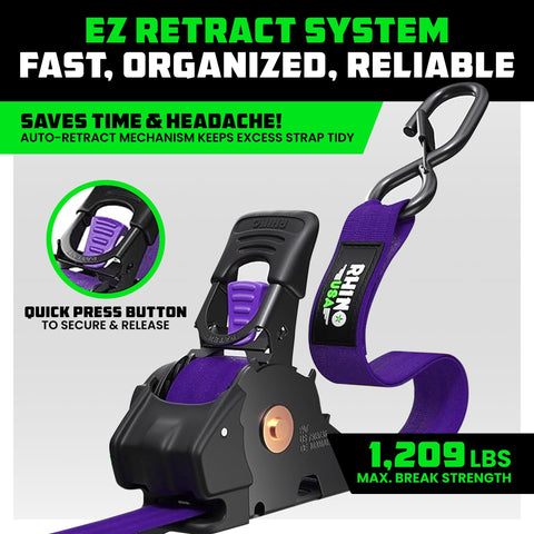Rhino USA strap with ergonomic padded handle improves grip during securing tasks.