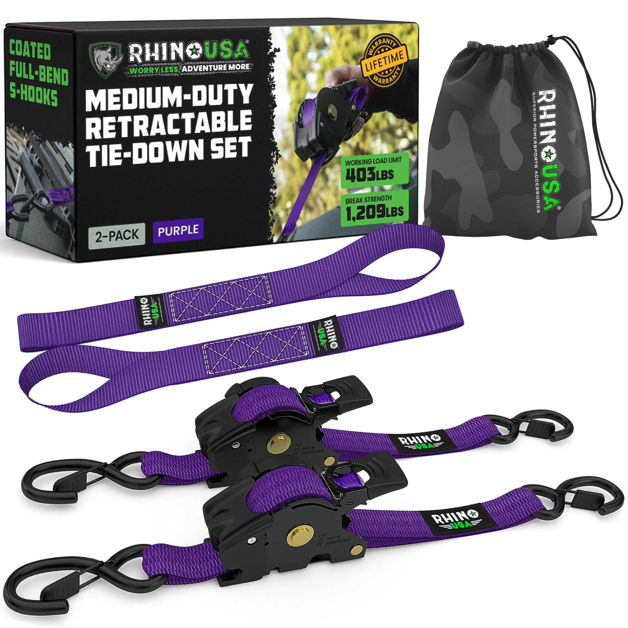 Rhino USA retractable strap shows self-retracting mechanism for quick cargo setup.