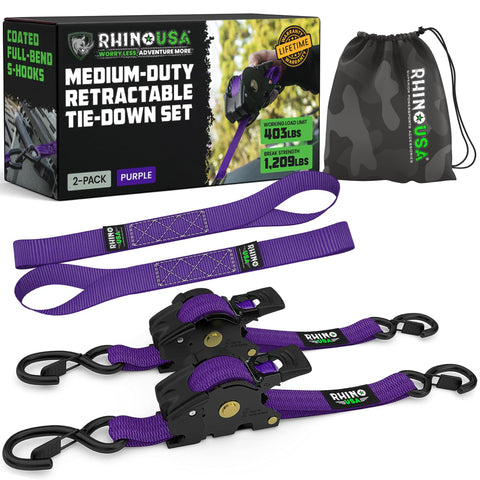 Rhino USA retractable strap shows self-retracting mechanism for quick cargo setup.