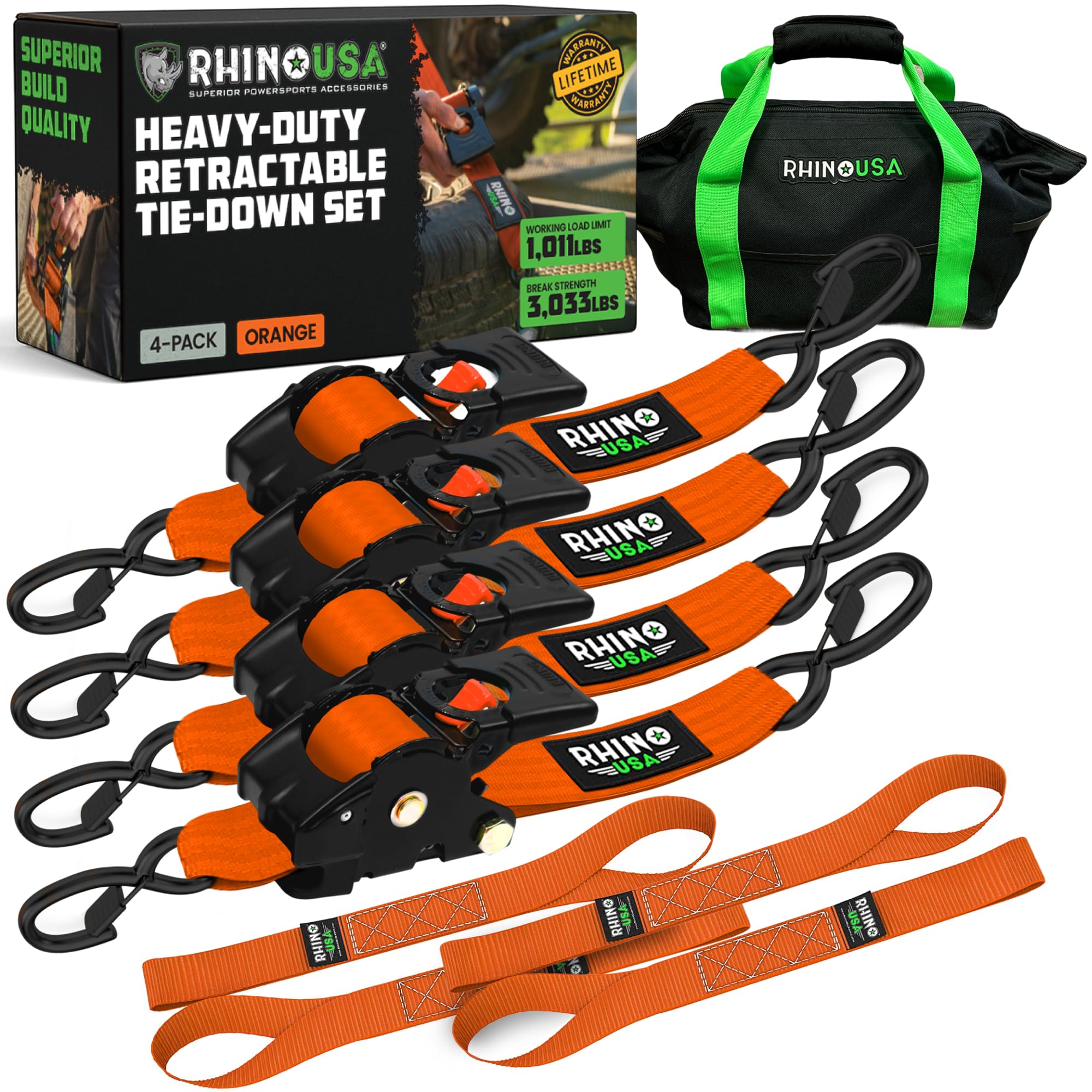 Rhino USA retractable ratchet straps orange secure cargo on a truck
