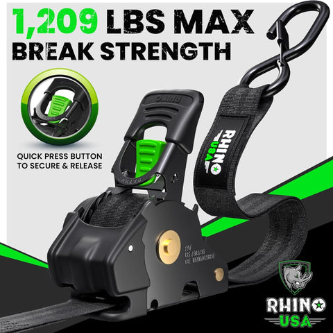 Rhino USA retractable ratchet strap with compact reel for quick reuse.