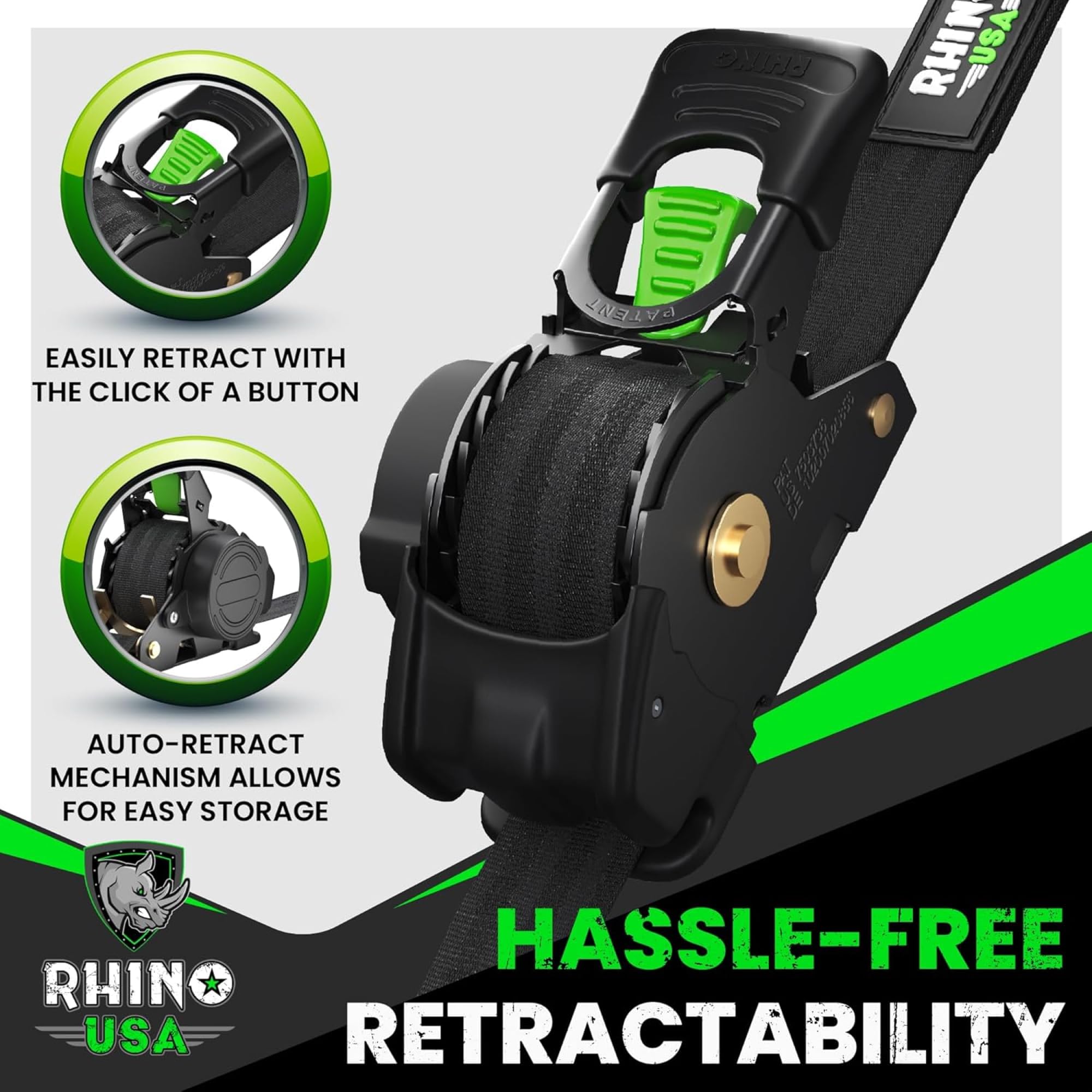 Rhino USA ratchet strap with ergonomic padded handle for comfortable use.