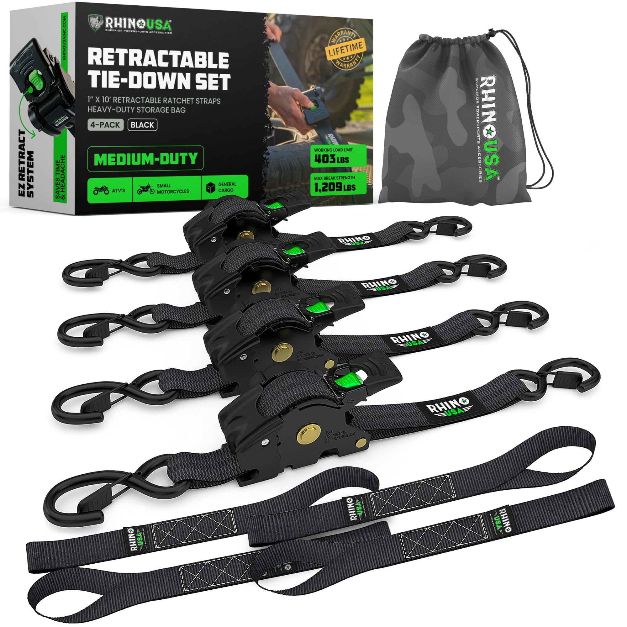Rhino USA retractable ratchet strap extended for secure cargo tie-downs.