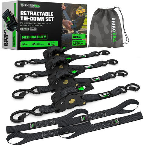 Rhino USA retractable ratchet strap extended for secure cargo tie-downs.