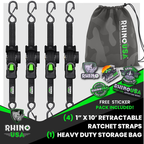 1 inch wide Rhino USA strap fits trucks, trailers, and motorcycles.