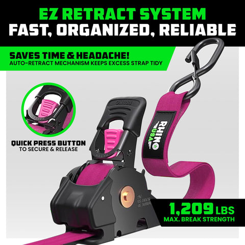 Rhino USA ratchet mechanism close-up in pink highlighting the self-retracting feature.