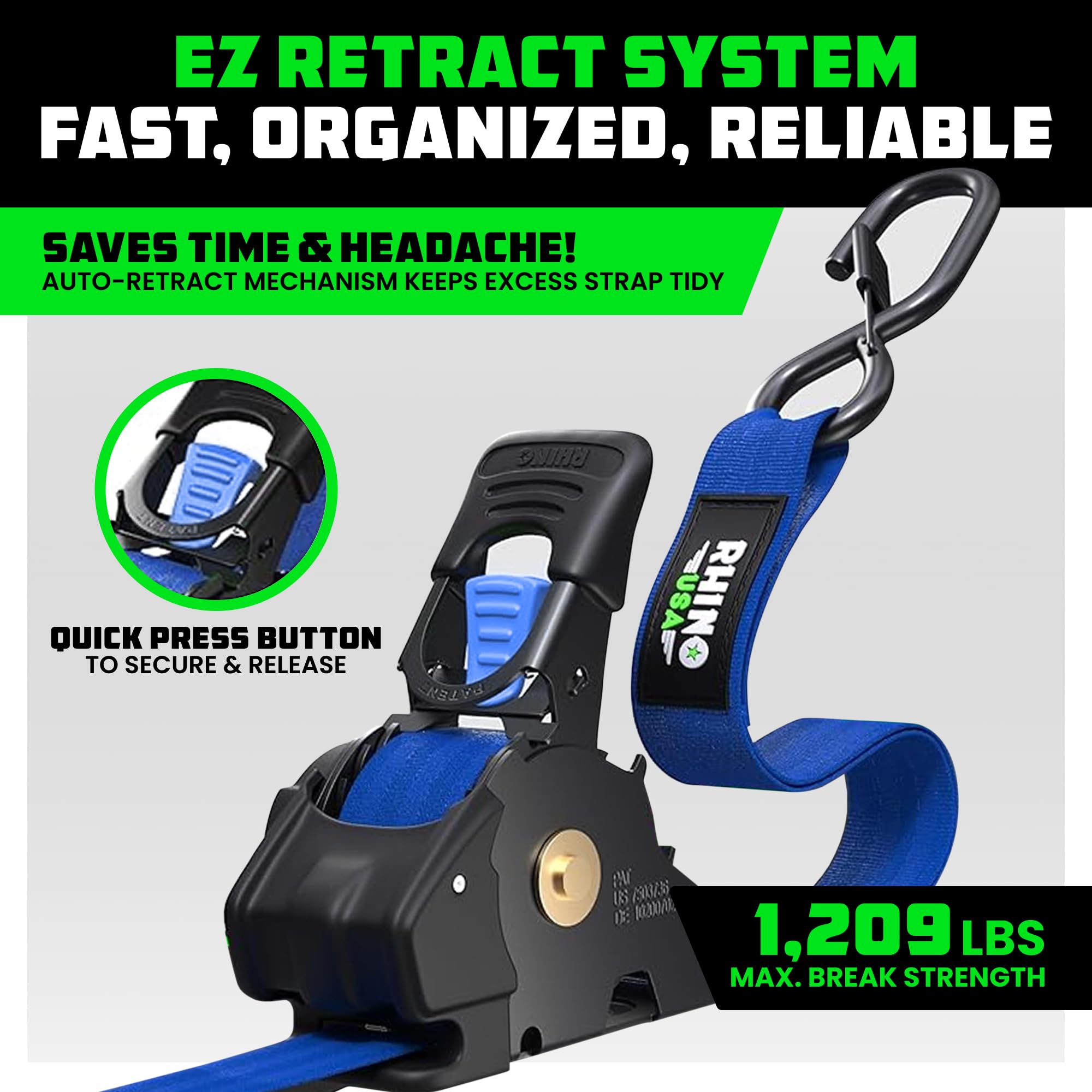 Rhino USA self-retracting mechanism closeup showing effortless strap control for fast securing.