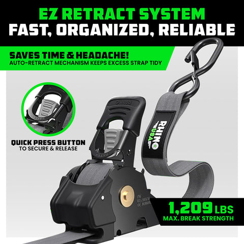 Rhino USA self-retracting strap button operation for quick, tidy setups.