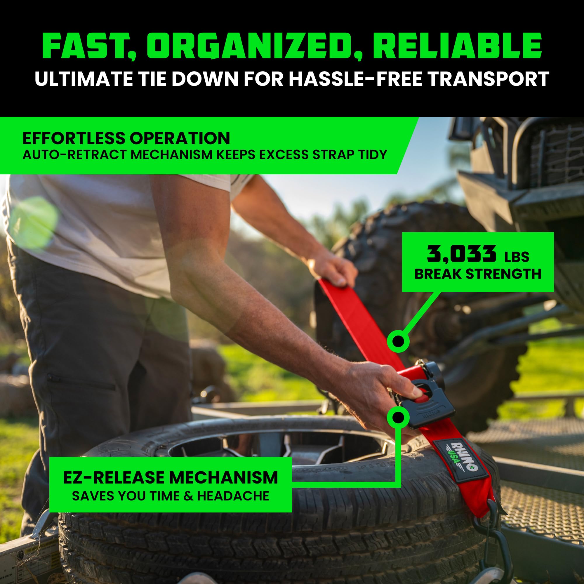 Rhino USA self-retracting strap on truck bed for quick, tidy strap management.