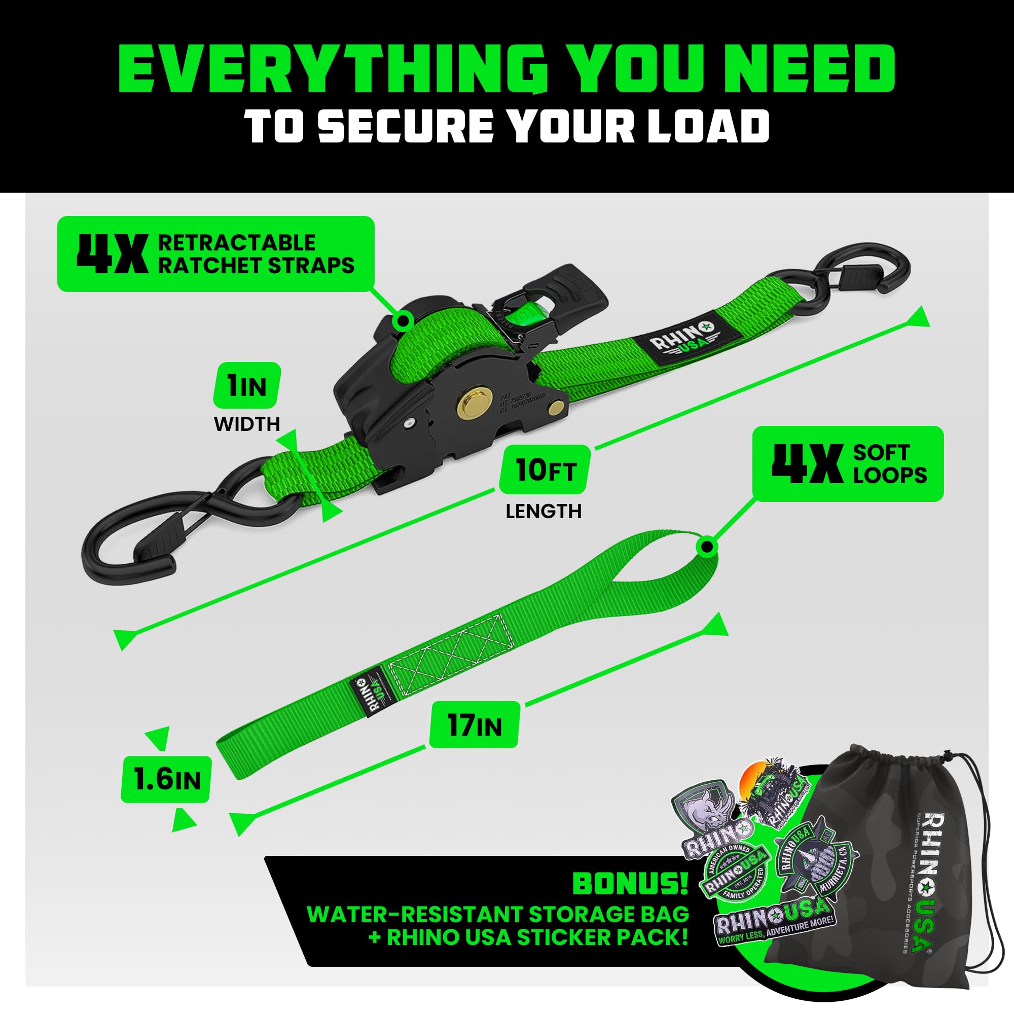 Rhino USA four soft loop tie-downs included with green straps for anchor versatility