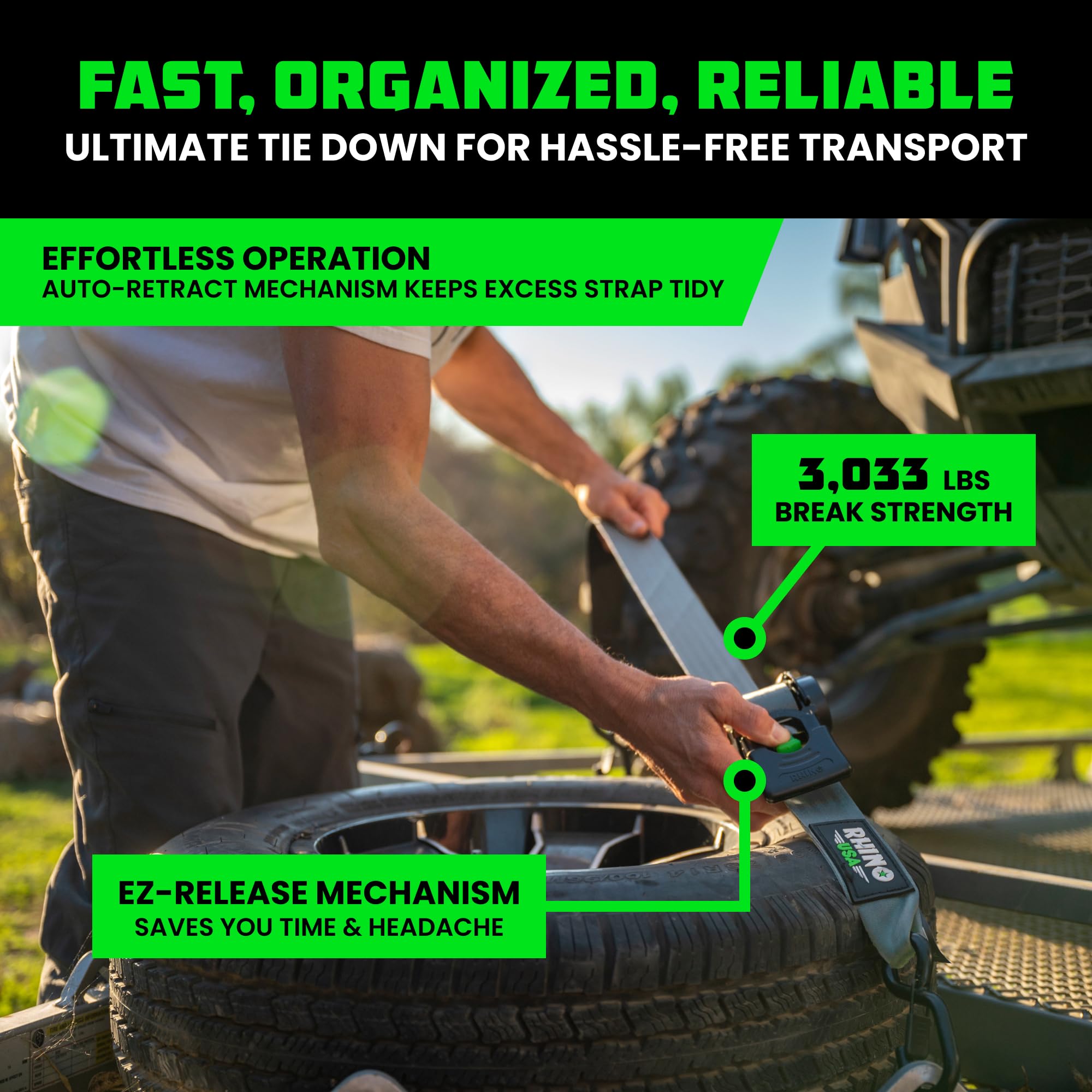 Rhino USA strap extended length enables fast, secure tie-downs.