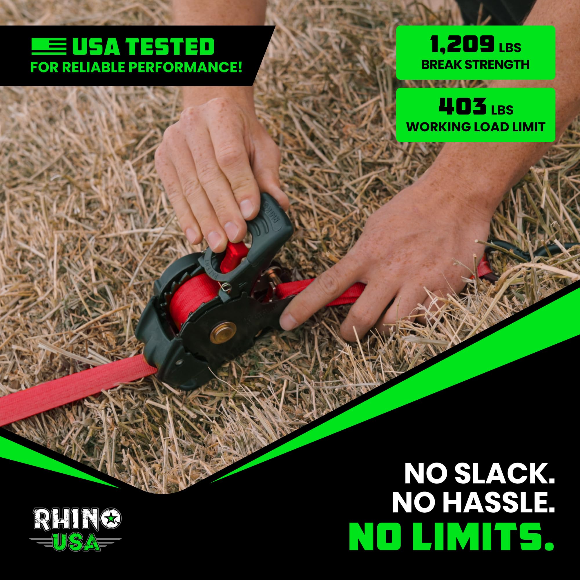Rhino USA strap securing cargo on truck beds and trailers with confidence.