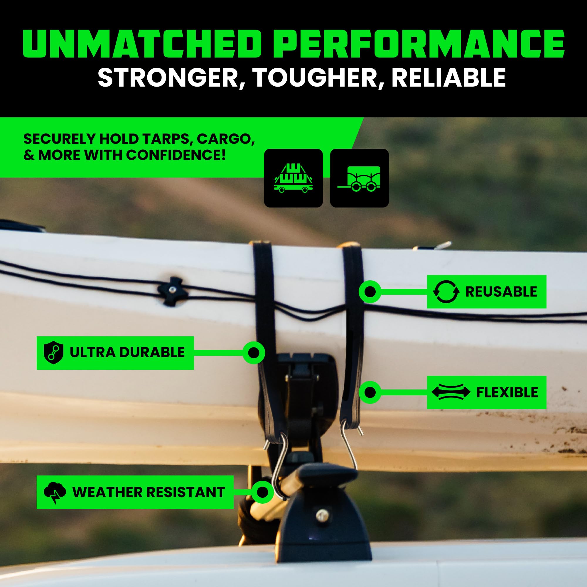 Rhino USA weatherproof bungee cords resist elements for long-lasting outdoor use.