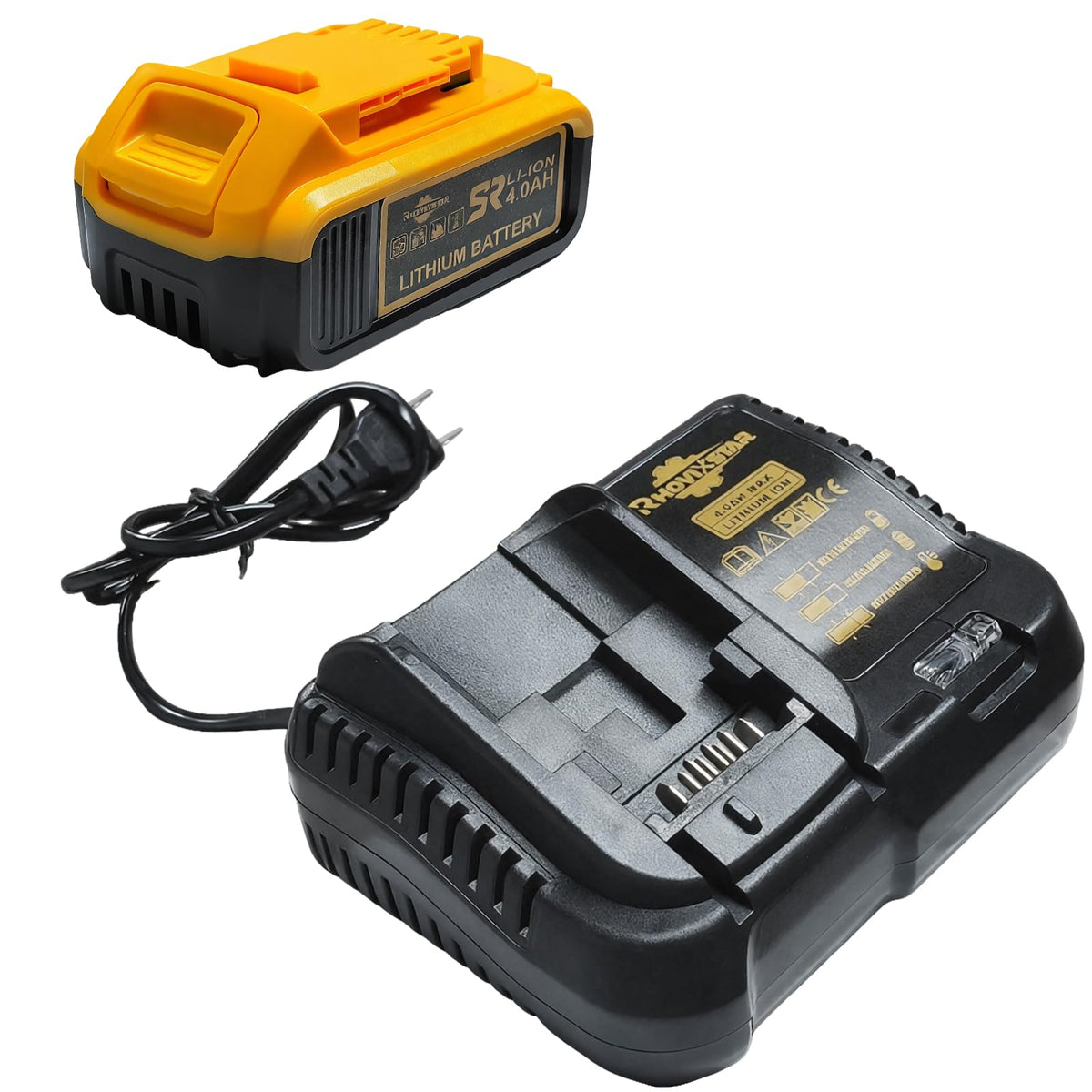 RhovixStar 20V Max 4.0Ah battery with a clear power level readout for planning.