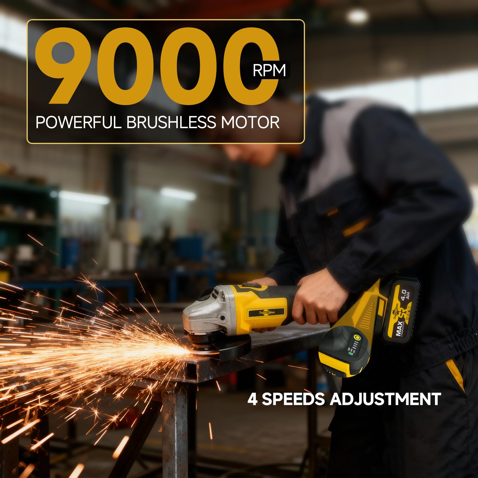 RhovixStar cordless grinder showing high speed and flexibility