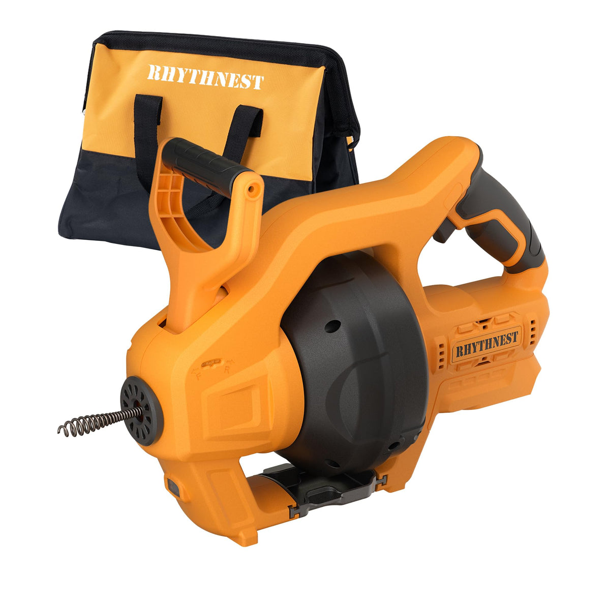 RhythNest cordless drain auger connected to Dewalt 20V battery for portable clog clearing