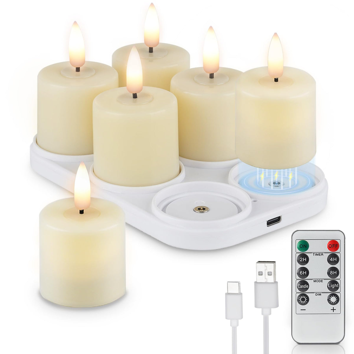 Rhytsing 6 rechargeable tealight candles on a table, warm ambiance.