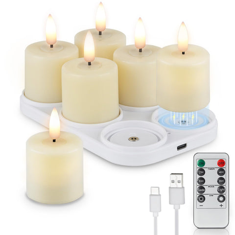Rhytsing 6 rechargeable tealight candles on a table, warm ambiance.