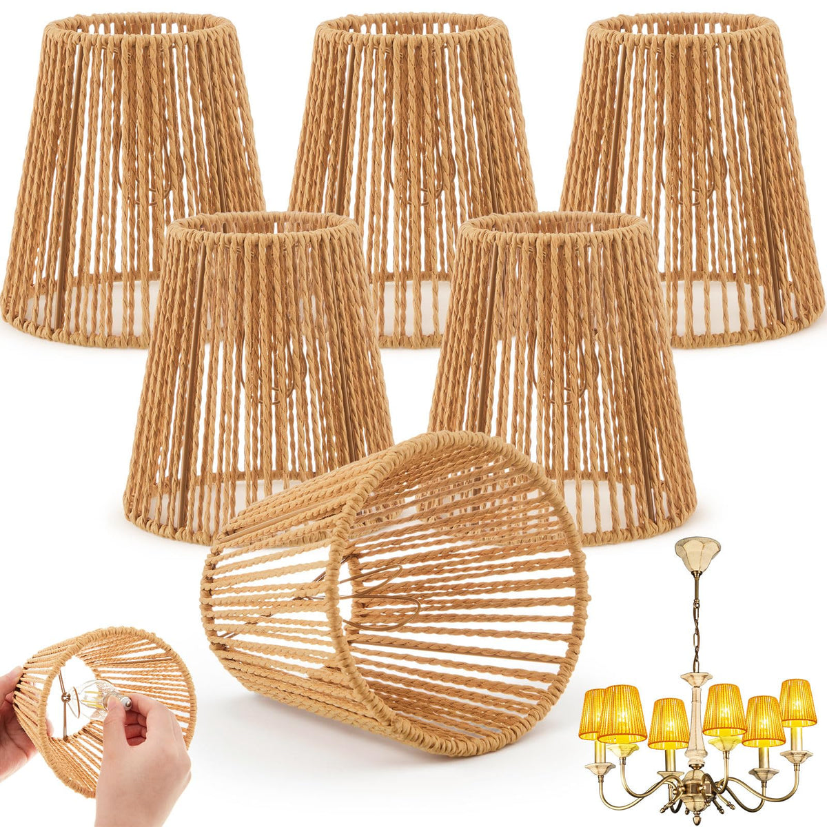 Riakrum chandelier shade with clip-on detail in brown rattan for easy upgrades.