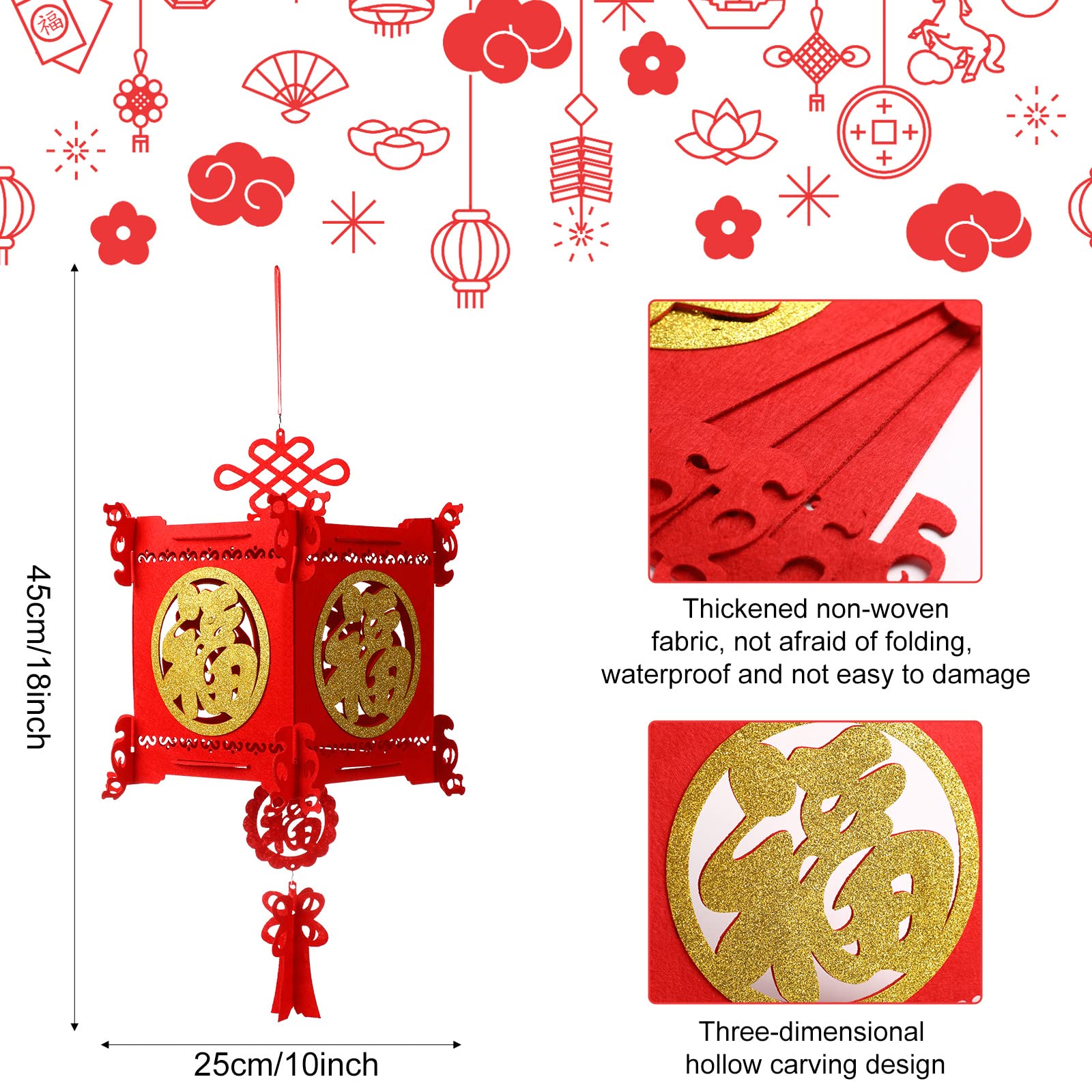 Riakrum lucky red Fu 3D lanterns for celebrations.