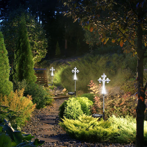 Riakrum solar cross in packaging demonstrates easy install for yard or cemetery