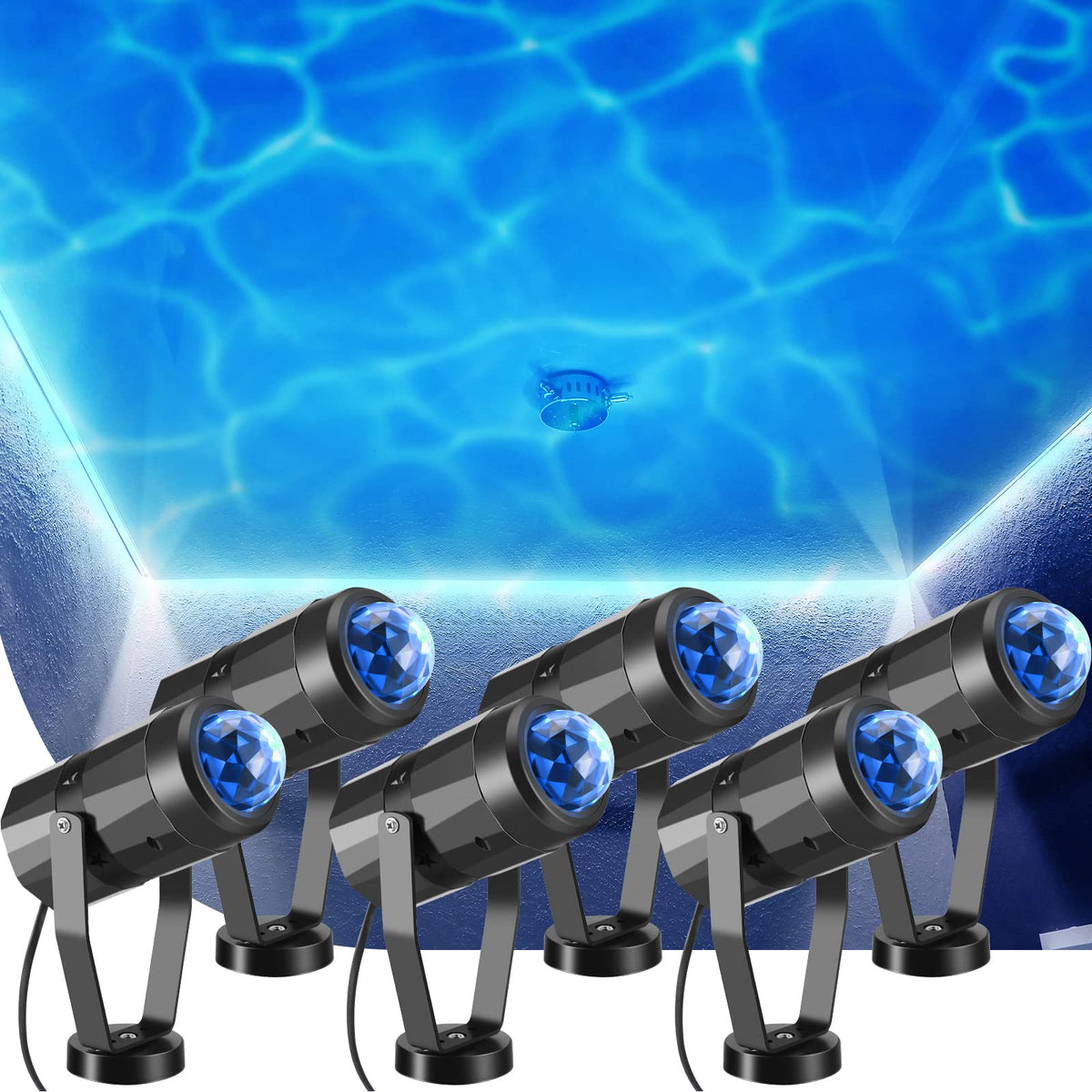Riakrum water projector casts blue ocean waves on the ceiling for calming ambience.