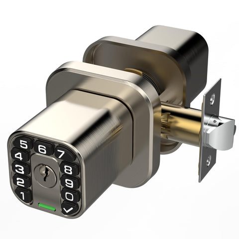 Richelock Square Door Knob with Keypad in front view showing backlit keypad for day and night access.