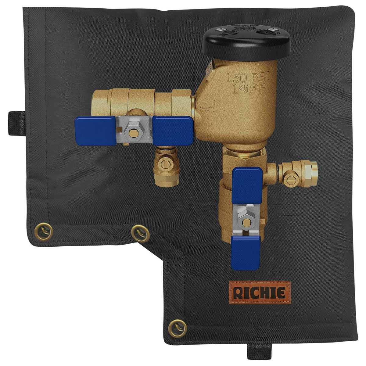 RICHIE backflow insulated cover demonstrating a precise 13x12 fit for winter protection