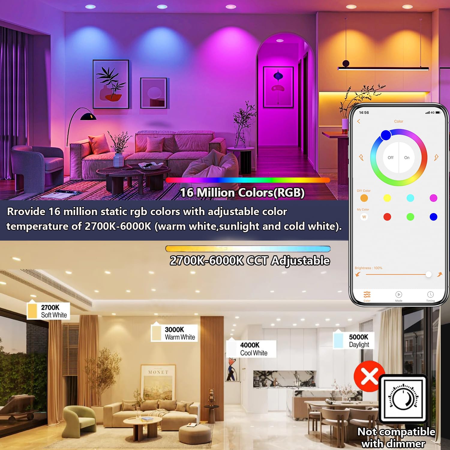 BRmesh app control dashboard showing RGB+CCT lighting options
