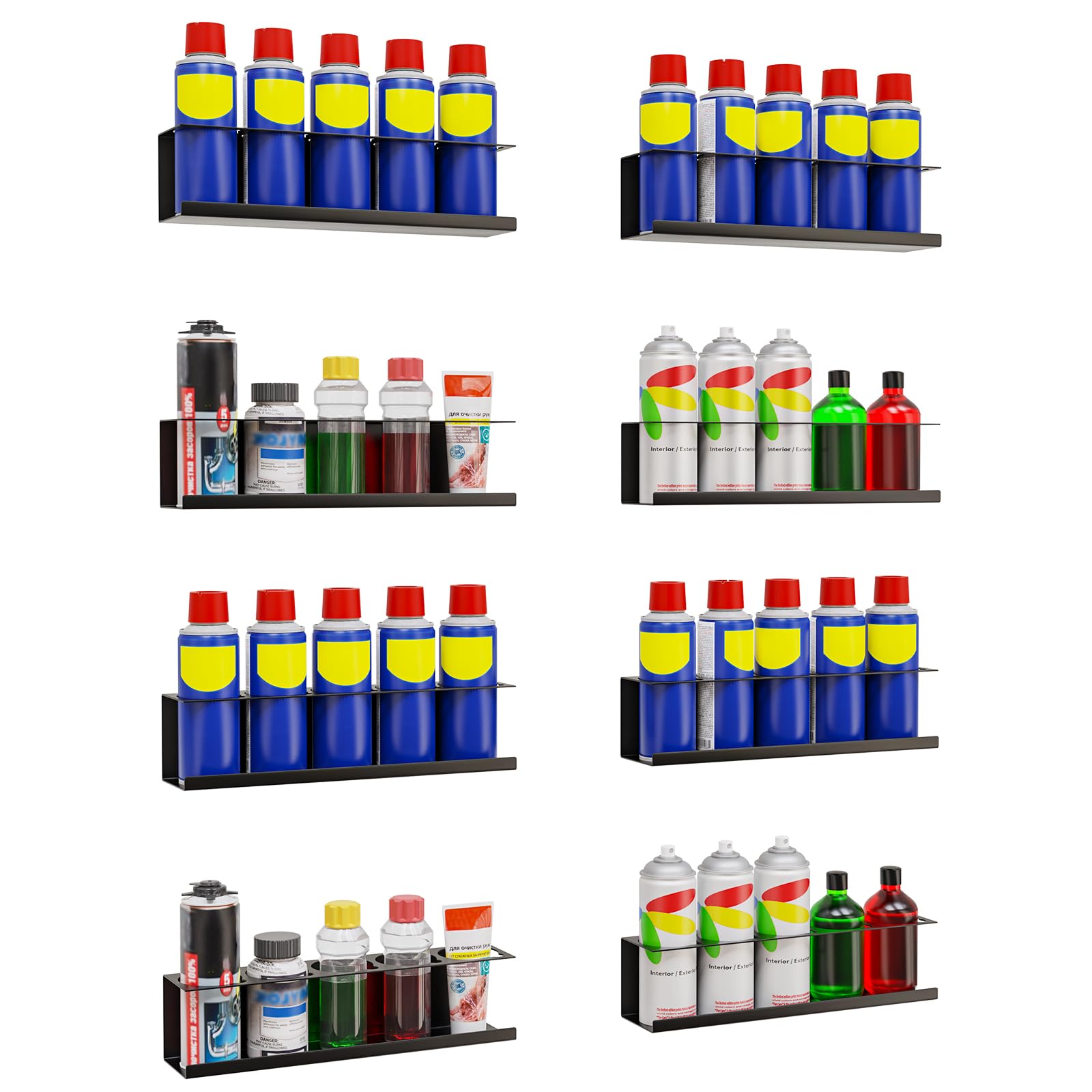 Riciakik 8-pack wall-mounted spray bottle holder frees workspace on the garage wall.