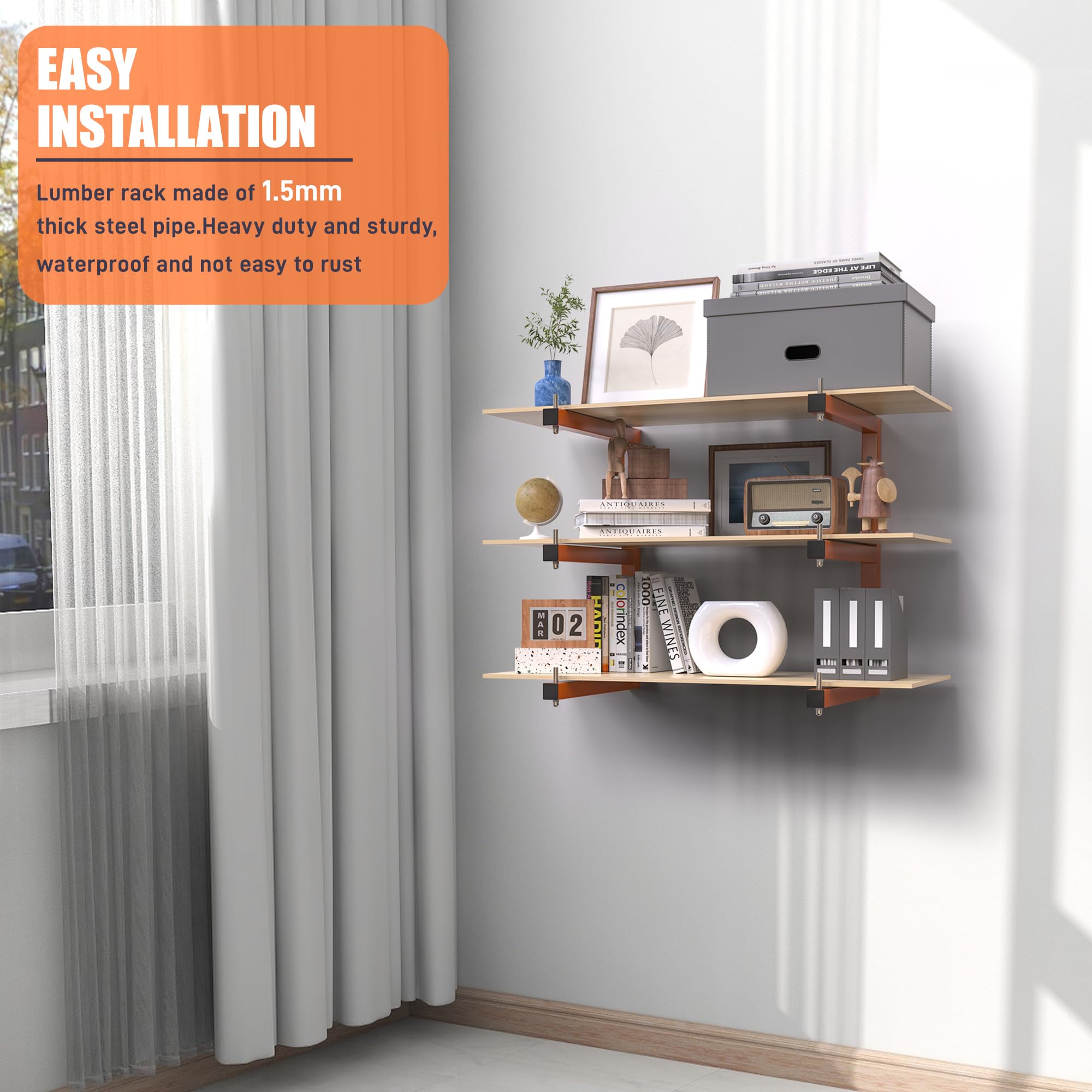 Riciakik orange finish lumber rack increases visibility in workspace.