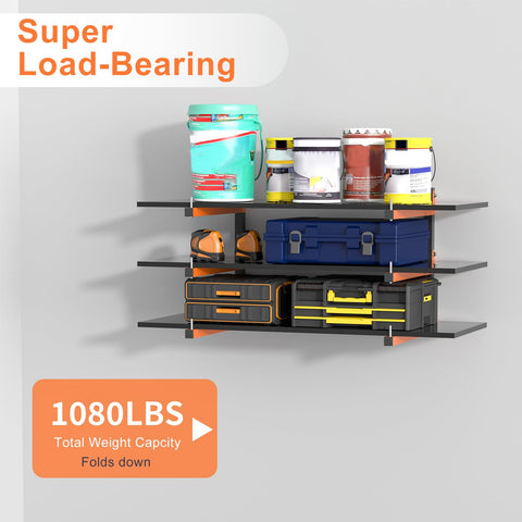 Riciakik wall-mounted rack with 1080 lb capacity keeps heavy items off the floor.