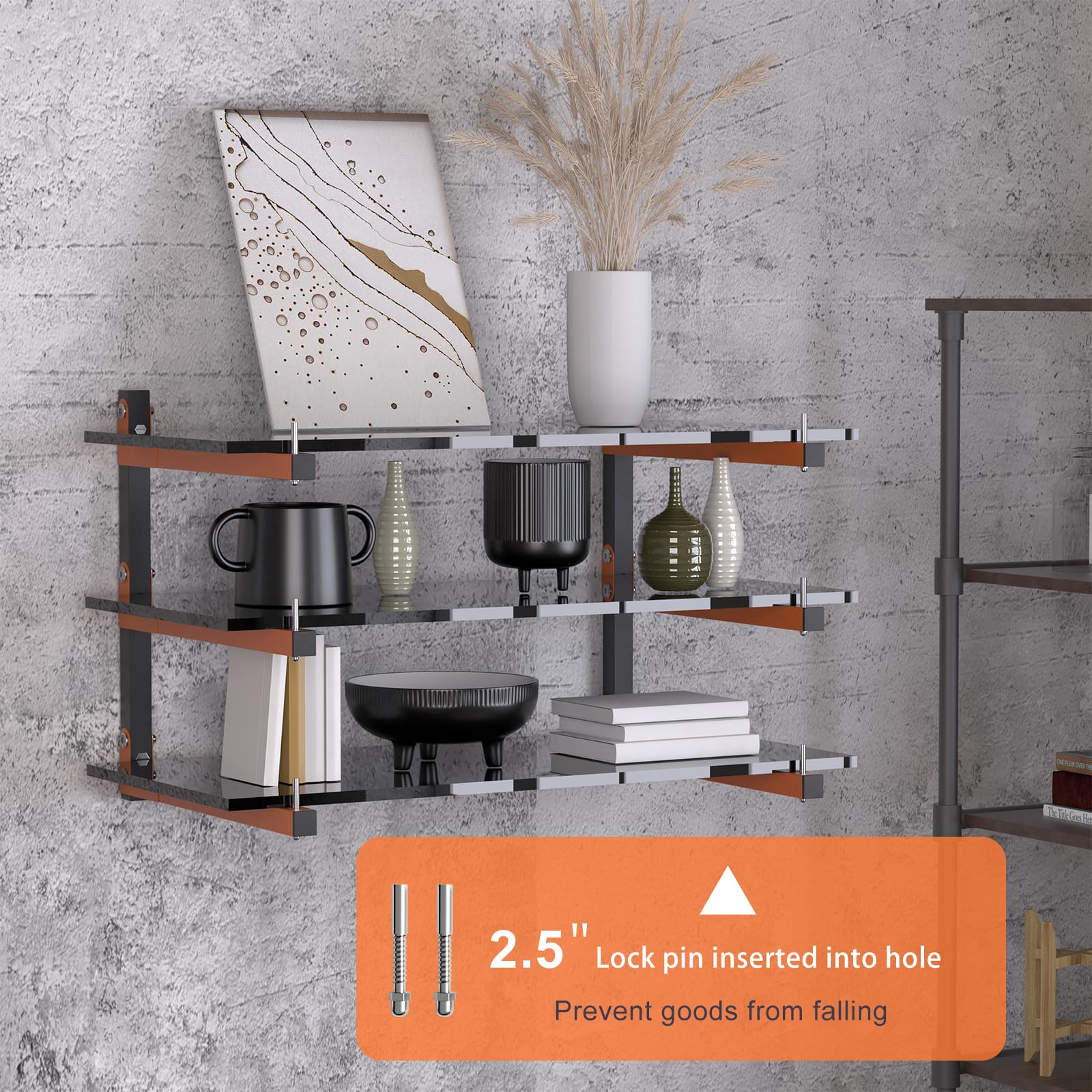 Riciakik orange-arm rack highlights easy visibility and versatile wall storage.