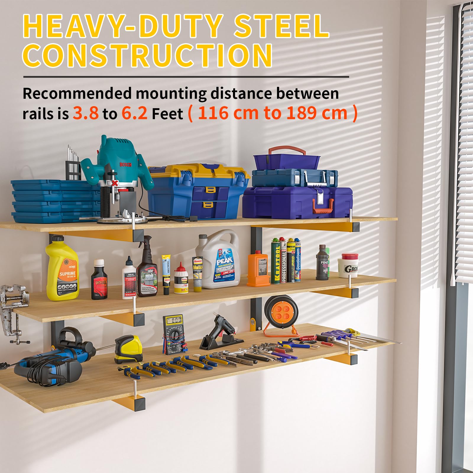 Riciakik powder-coated steel garage shelving resists wear and weather