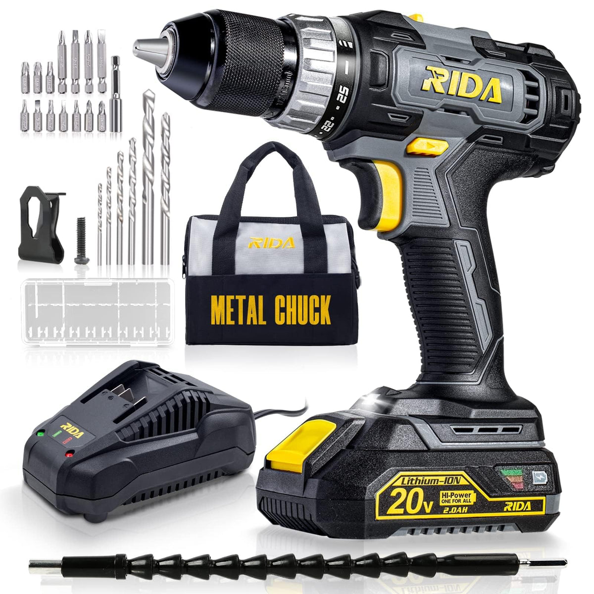 RIDA cordless drill with 20V power and 2.0Ah battery for versatile DIY projects.