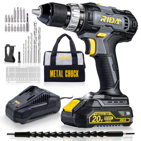RIDA cordless drill with 20V power and 2.0Ah battery for versatile DIY projects.