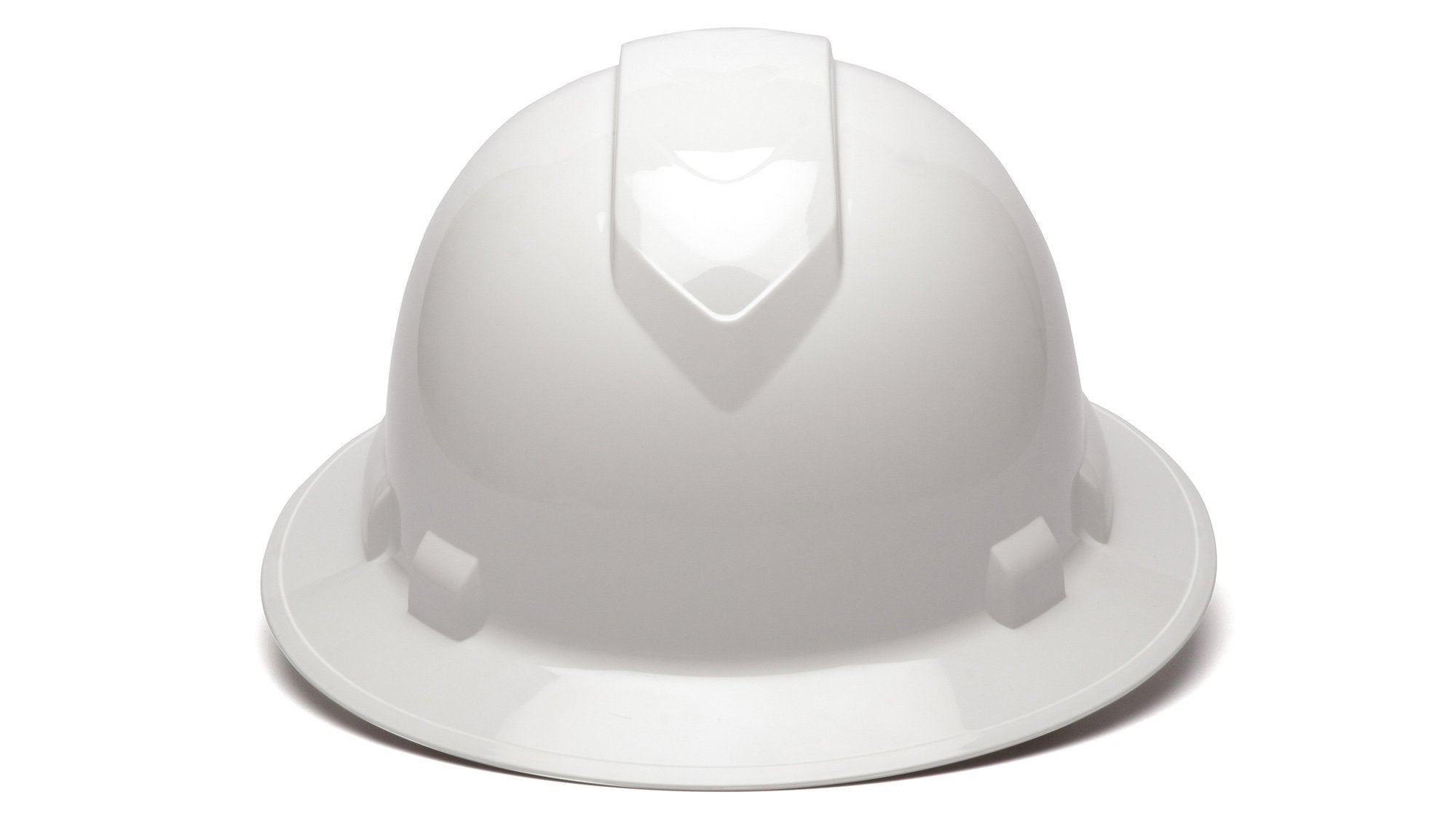 Ridgeline full brim hard hat white, front view showing durable ABS shell for all-day protection.