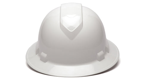 Ridgeline full brim hard hat white, front view showing durable ABS shell for all-day protection.
