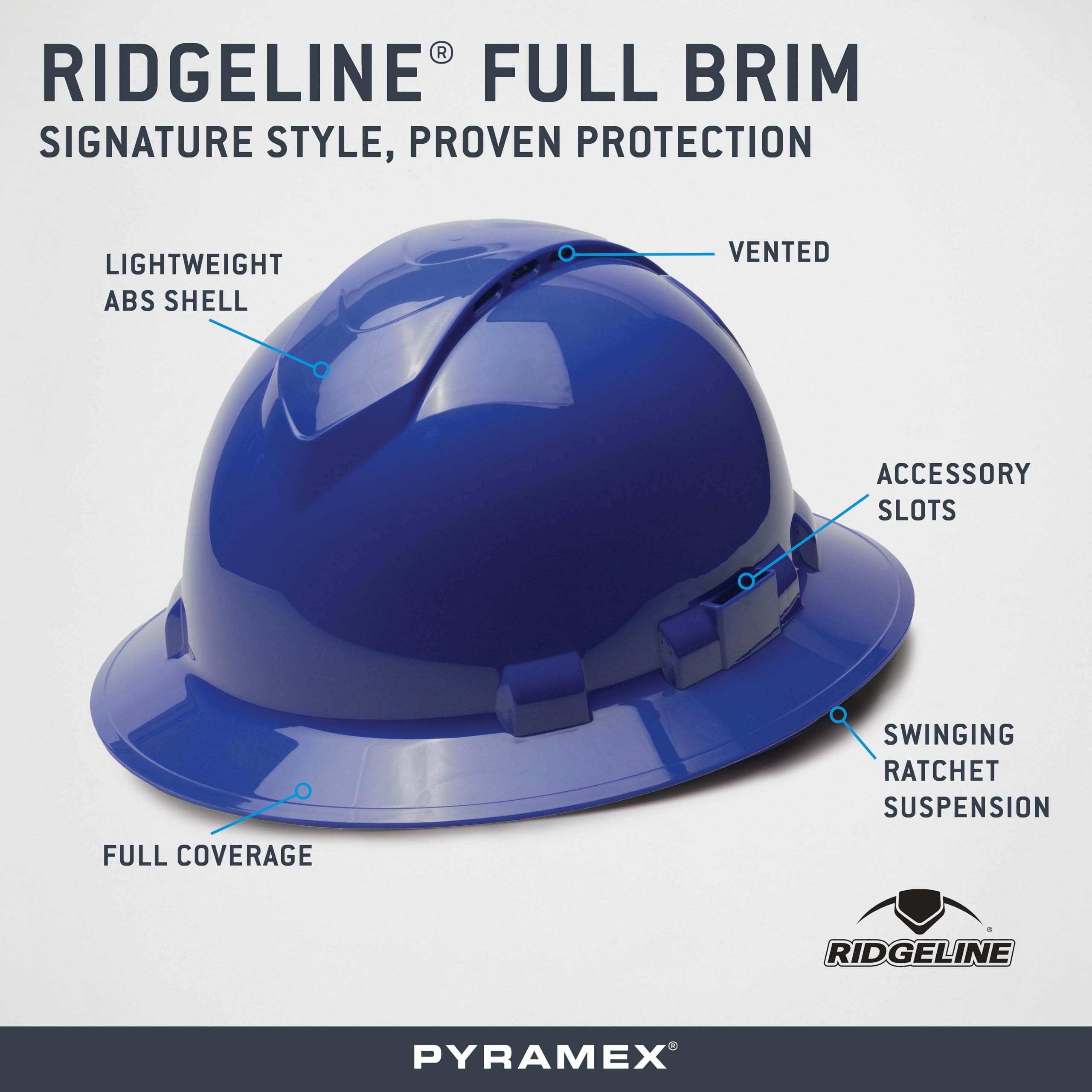 Ridgeline hi-vis blue helmet option increases visibility on site.