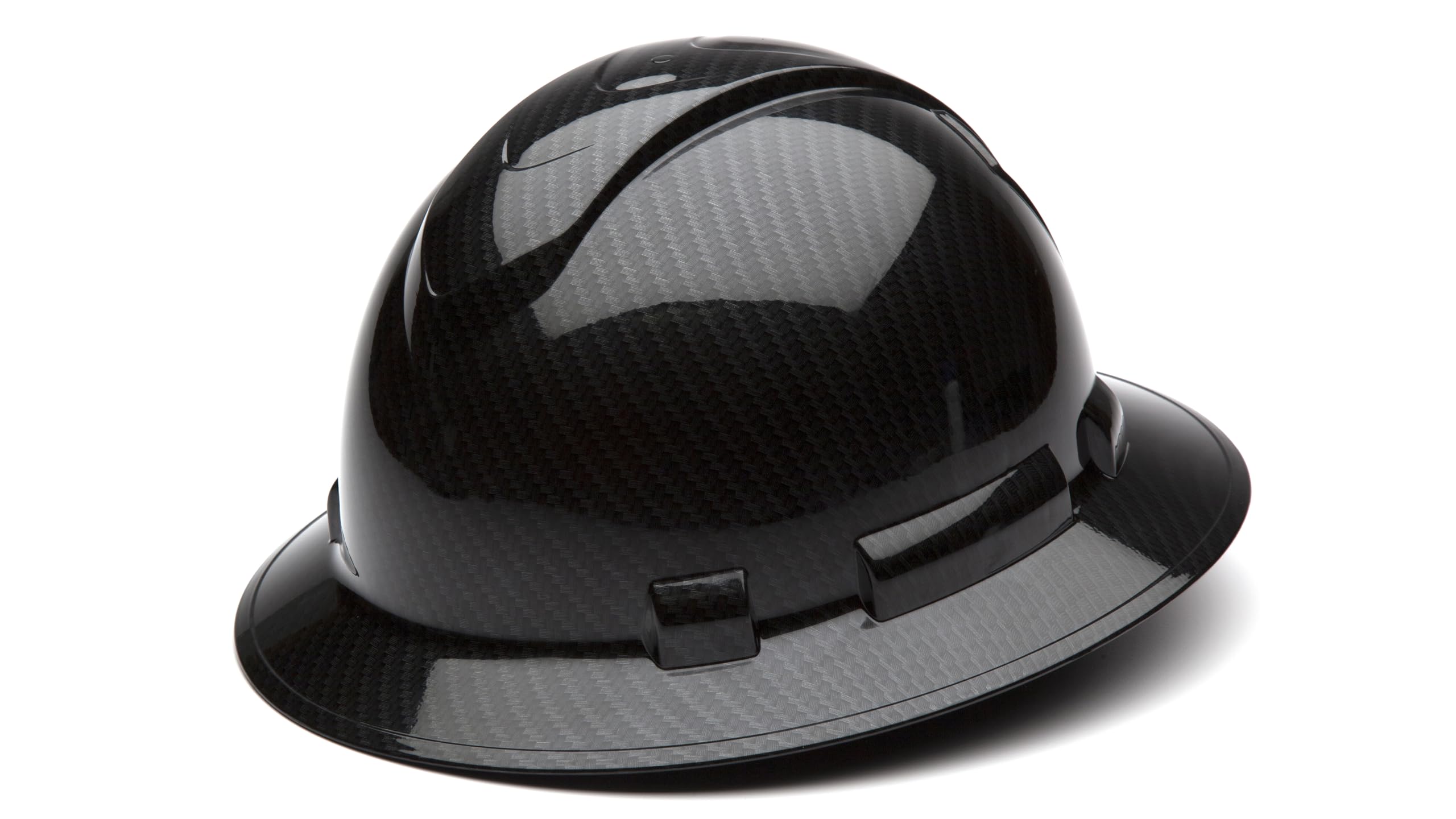 Ridgeline Pyramex full brim hard hat with 4-point ratchet for adjustable comfort.