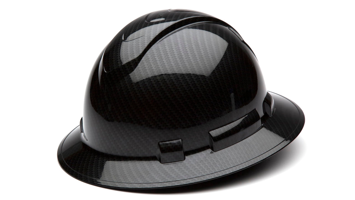 Ridgeline Pyramex full brim hard hat with 4-point ratchet for adjustable comfort.