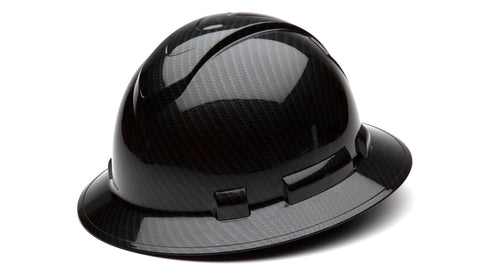 Ridgeline Pyramex full brim hard hat with 4-point ratchet for adjustable comfort.