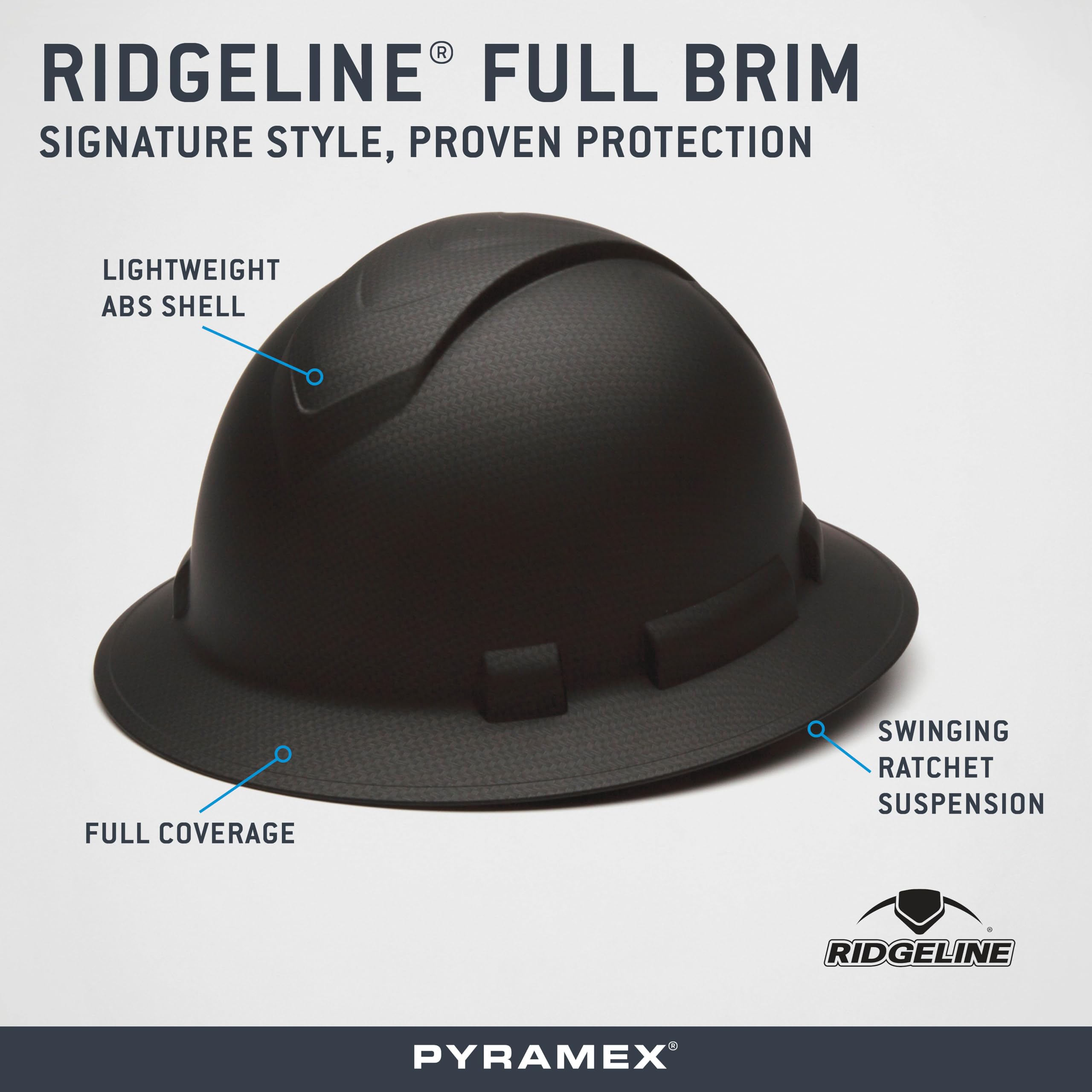 Ridgeline Pyramex full brim hard hat adjustment on head for easy resizing