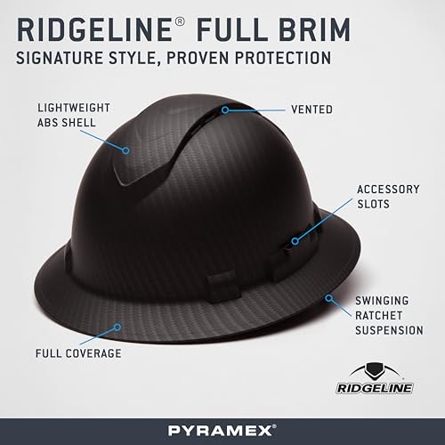 Ridgeline Pyramex full brim hard hat back view, secure fit with adjustable ratchet suspension.